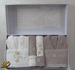 Комплект 2 броя Халати + 6 броя хавлии Белинда с дантела кафяво и бяло